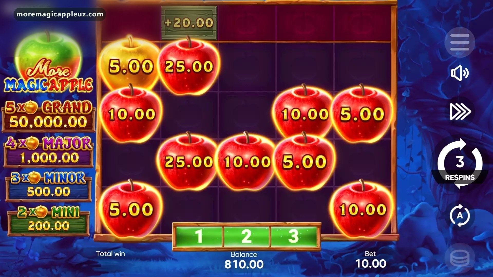 More Magic Apple Collect belgisi Hold and Win yakunida qiymatlarni birlashtirayotgan ekran