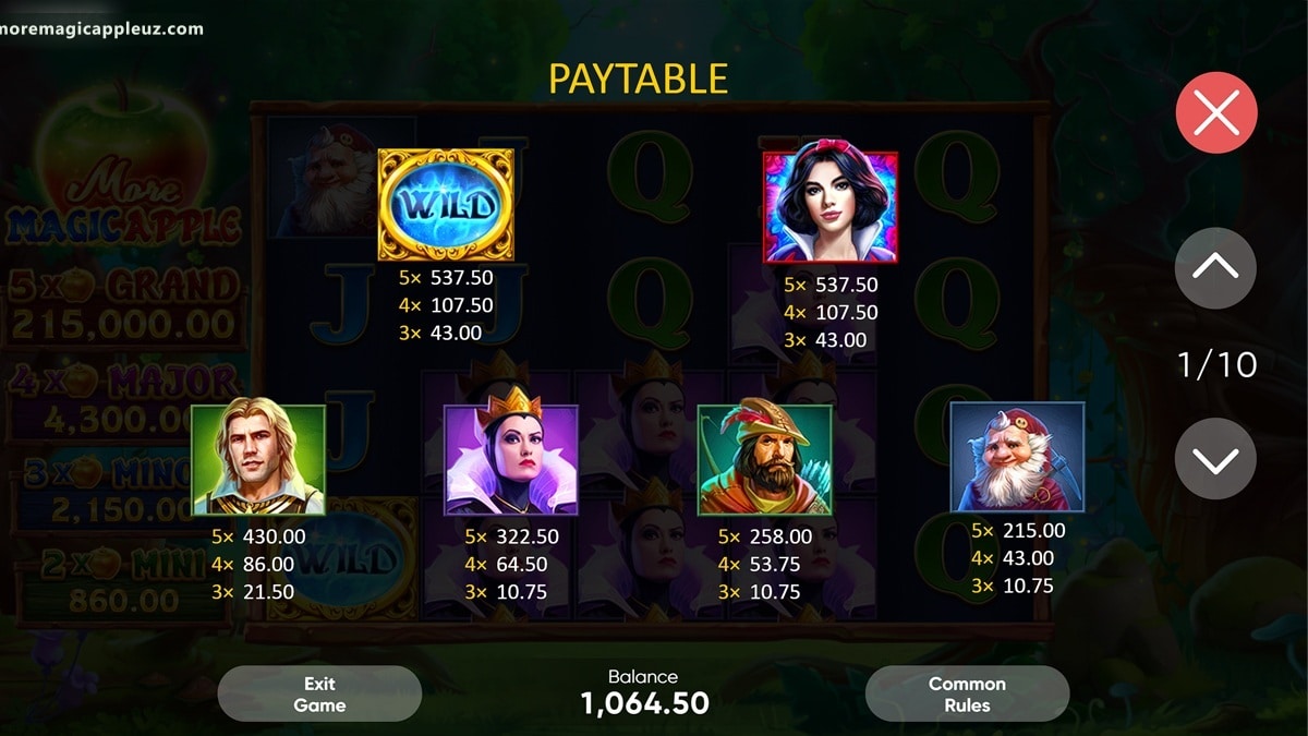 More Magic Apple to‘lov jadvali: belgi qiymatlari va Help uslubidagi paytable ko‘rinishi